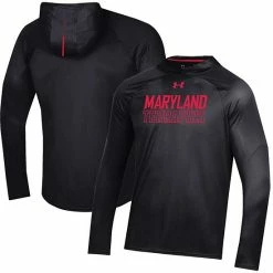 Men's Under Armour Black Maryland Terrapins Performance Raglan Sideline Hooded Long Sleeve T-Shirt