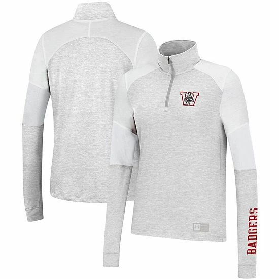 Women's Under Armour Heathered Gray Wisconsin Badgers Sleeve Hit Raglan Quarter-Zip Jacket 1 Women's Under Armour Heathered Gray Wisconsin Badgers Sleeve Hit Raglan Quarter-Zip Jacket