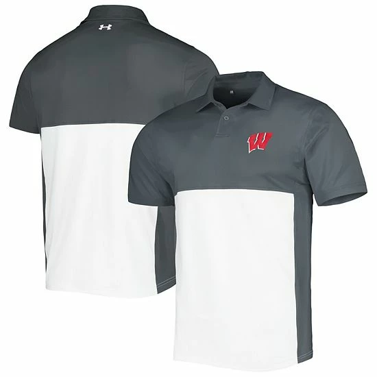 Men's Under Armour Gray/White Wisconsin Badgers Green Blocked Polo Performance Polo 2 Men's Under Armour Gray/White Wisconsin Badgers Green Blocked Polo Performance Polo - Image 2