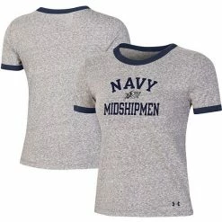 Women's Under Armour Heathered Gray Navy Midshipmen Siro Slub Tri-Blend Ringer T-Shirt