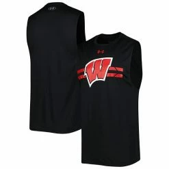 Men's Under Armour Black Wisconsin Badgers Logo Striped Tech Performance Tank Top
