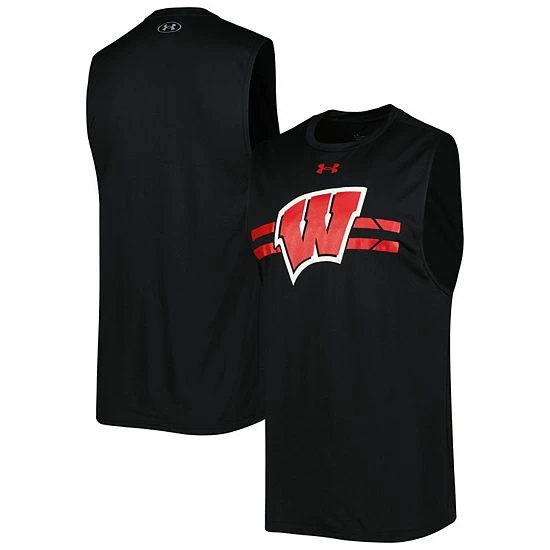 Men's Under Armour Black Wisconsin Badgers Logo Striped Tech Performance Tank Top 2 Men's Under Armour Black Wisconsin Badgers Logo Striped Tech Performance Tank Top - Image 2