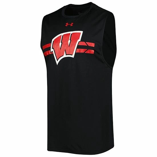 Men's Under Armour Black Wisconsin Badgers Logo Striped Tech Performance Tank Top 3 Men's Under Armour Black Wisconsin Badgers Logo Striped Tech Performance Tank Top - Image 3