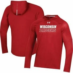 Men's Under Armour Red Wisconsin Badgers Performance Raglan Sideline Hooded Long Sleeve T-Shirt
