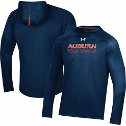 Men's Under Armour Navy Auburn Tigers Performance Raglan Sideline Hooded Long Sleeve T-Shirt